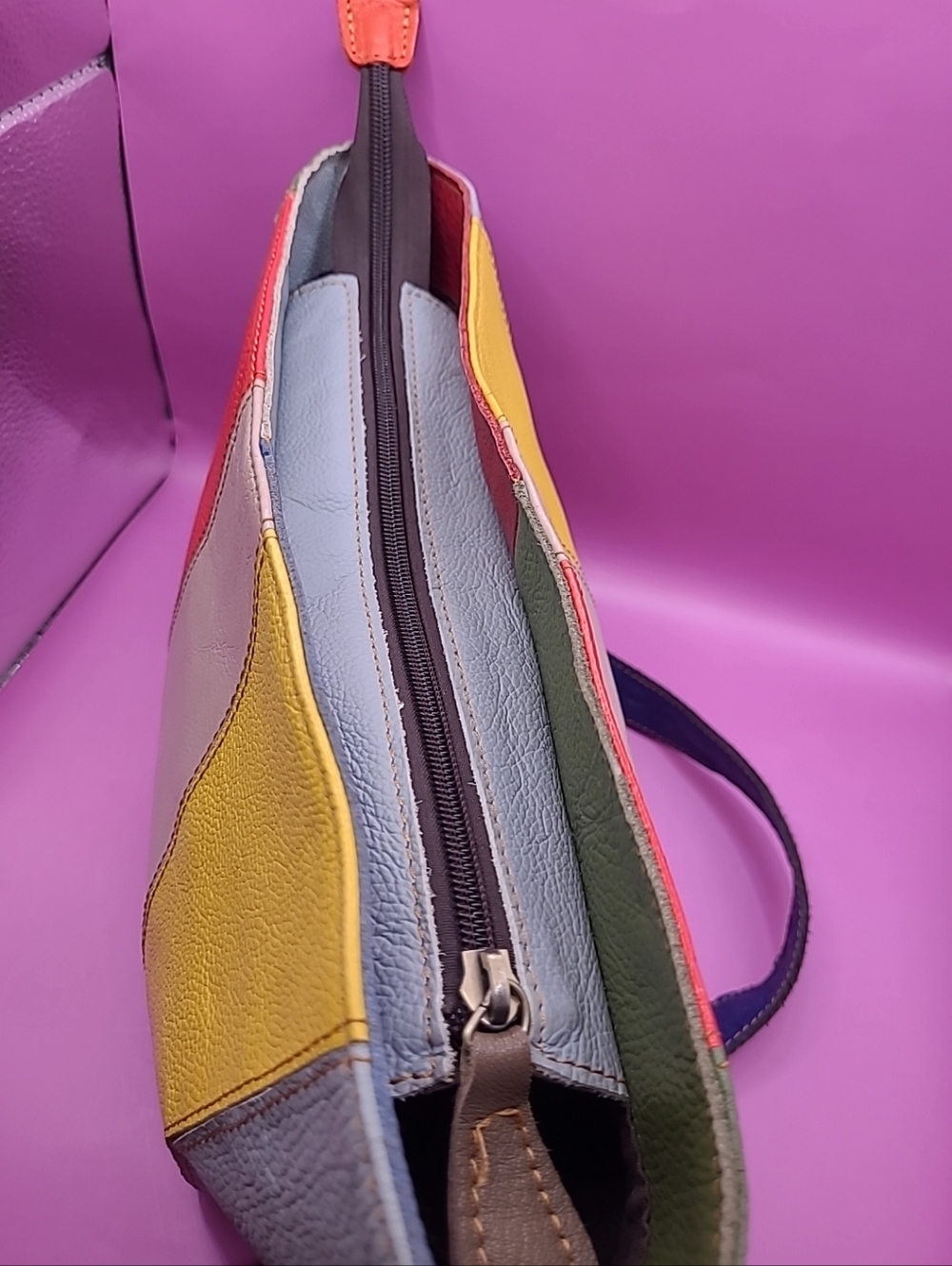 Amerileather Multicolor Panel Leather Crossbody Bag - Colorblock Red, Lavender - Picture 3 of 16